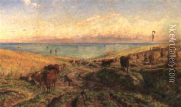 Cattle On A Coastal Path Oil Painting - Henry William Banks Davis