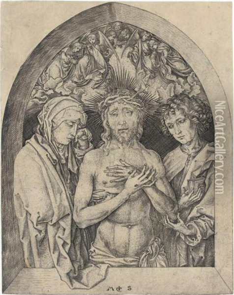 The Man Of Sorrows Between The Virgin And Saint John Oil Painting - Martin Schongauer