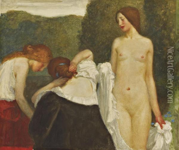 Three Girls Preparing To Bathe Oil Painting - Robert Anning Bell
