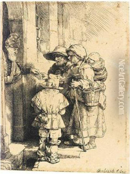 Beggars Receiving Alms At The Door Of A House (b., Holl.176; H.233; Bb.48-c) Oil Painting - Rembrandt Van Rijn