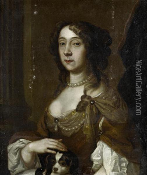 Portrait Of A Lady, Half-length, In A Brown Dress And A White Chemise, With Her Dog Oil Painting - Pieter Borsselaer