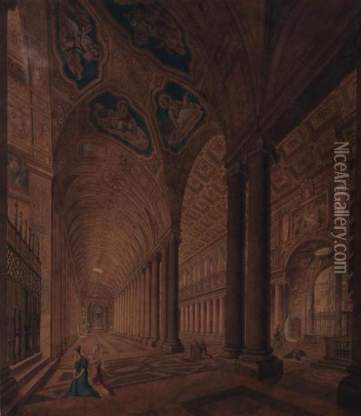 Vue Interieure De La Basilique Sainte Marie Majeure A Rome Plume Et Encre Oil Painting - Anton Hallmann