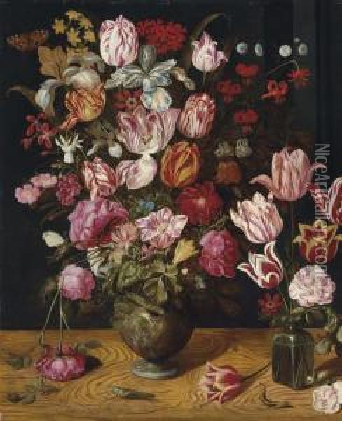 Tulips, Roses, Turk's Cap Lilies, Columbines, Carnations And Other Flowers In A Ceramic Vase Oil Painting - Adriaen van Nieulandt