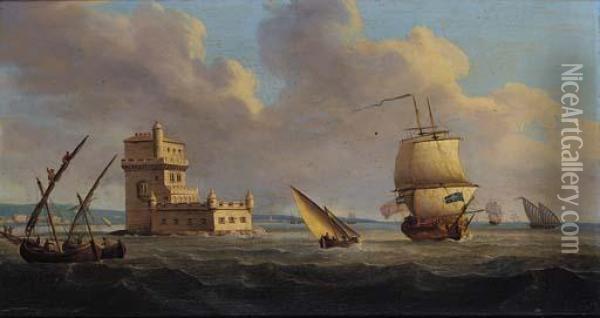 A British Frigate Running Out Of Lisbon With The Belem Tower Off Her Starboard Quarter Oil Painting - Thomas Buttersworth