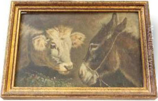 Cow And Donkey Oil Painting - Arthur Batt