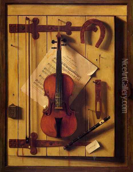 Still Life - Violin and Music (or Music and Good Luck) Oil Painting - William Michael Harnett