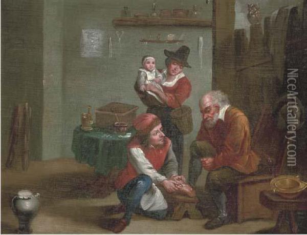 A Chiropodist Treating A Man's Foot Oil Painting - David The Younger Teniers