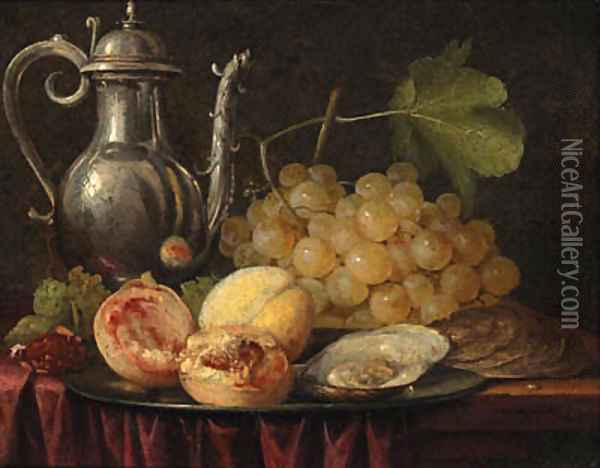 A silver ewer, a bunch of grapes with peaches and oysters on a pewter plate Oil Painting - Abraham Hendrickz Van Beyeren