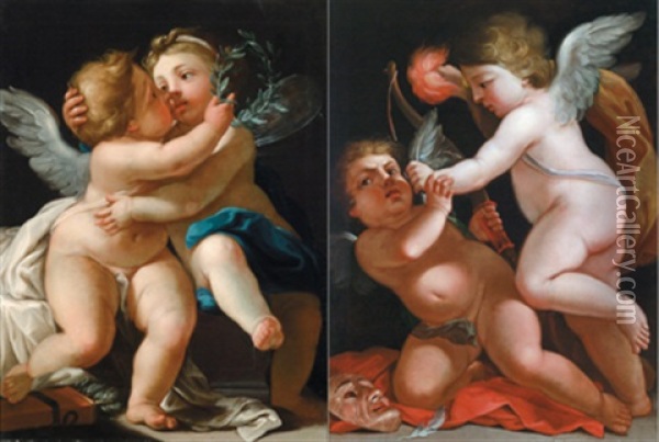Zwei Sich Umarmende Putten - Due Amorini Che S'abbracciano (+ Zwei Miteinander Kampfende Putten - Due Amorini Che Lottano; Pair) Oil Painting - Andrea Casali