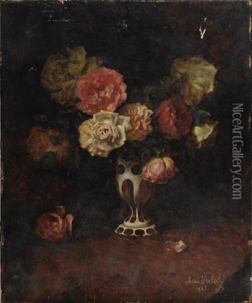 Still Life With Roses In A Bohemian Vase Oil Painting - Anton Wrabetz