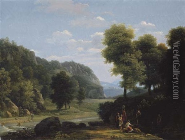 An Italianate Landscape With Women Collecting Water, A Shepherd And His Flock Beyond (+ An Italianate Landscape With Herdsmen Watering At A Stream, With A Town Beyond, 1828; Pair) Oil Painting - Jean Victor Bertin