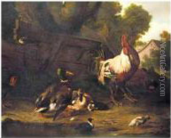 A Farmyard Scene With Chickens, Mallard Ducks And Other Birds, A Cottage Beyond Oil Painting - Adriaen van Oolen