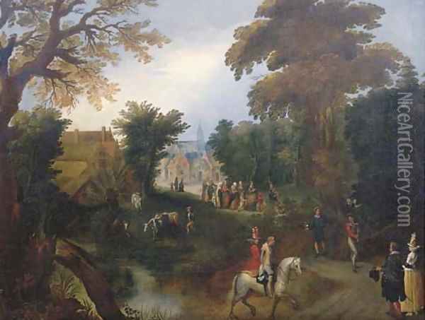 A wooded landscape with elegant company on a path, the Procession of the Bride in a village beyond Oil Painting - Louis de Caullery