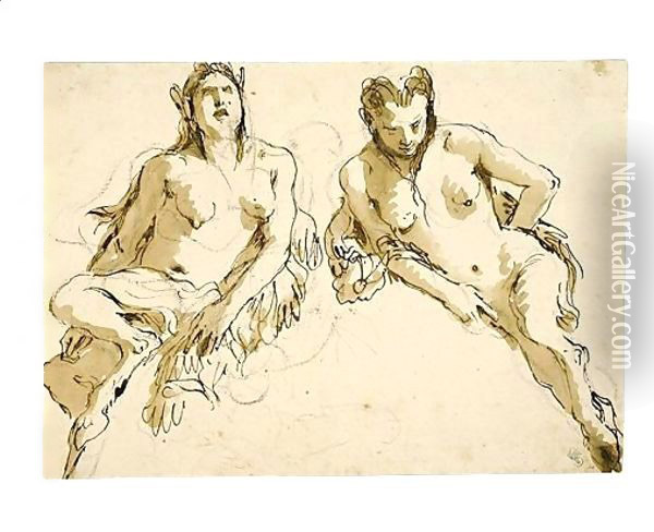 Design For A Lunette Two Female Satyrs Oil Painting - Giovanni Battista Tiepolo