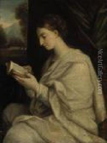 A Lady Reading In An Interior Oil Painting - Angelica Kauffmann
