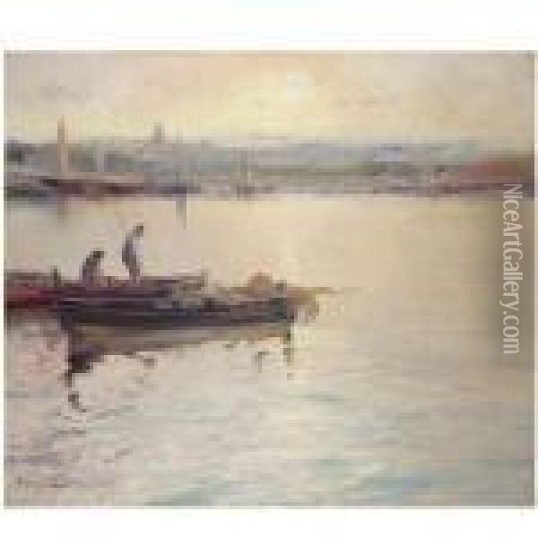 Pesqueros Al Atardecer (fishing Boats At Sunset) Oil Painting - Eliseu Meifren i Roig