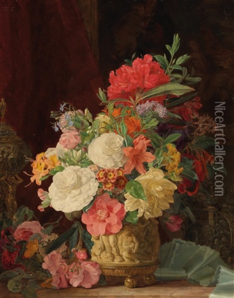 An Opulent Floral Still Life With Ornamental Vases Oil Painting - Rosalia Amon