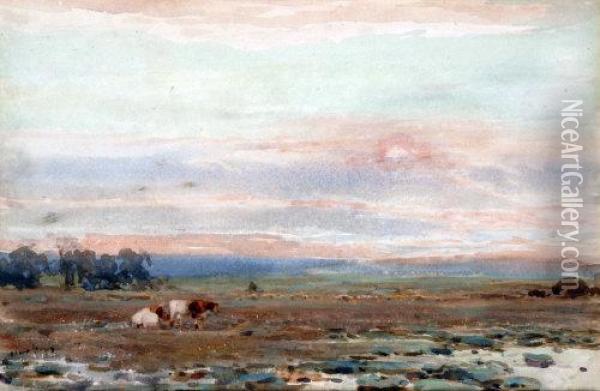 Extensive Landscape With Cattle Oil Painting - Claude Hayes