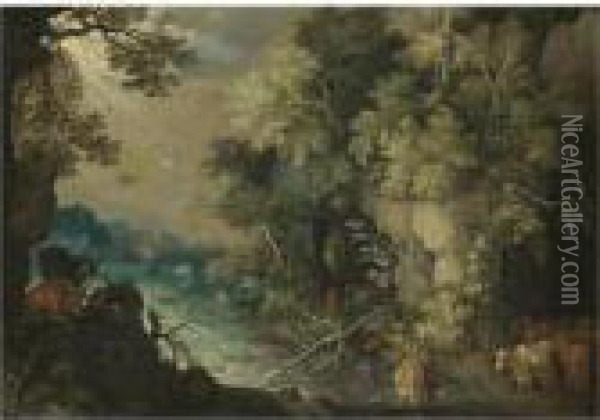 A Bosky Fluvial Landscape With Cattle Resting And Drinking Oil Painting - Roelandt Jacobsz Savery