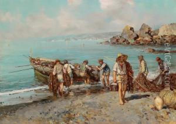Pescatori Sulla Costa Napoletana Oil Painting - Giuseppe Giardiello