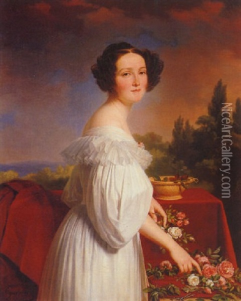 Portrait Of A Lady Arranging Roses Before An Extensive Landscape Oil Painting - Pierre Roch Vigneron