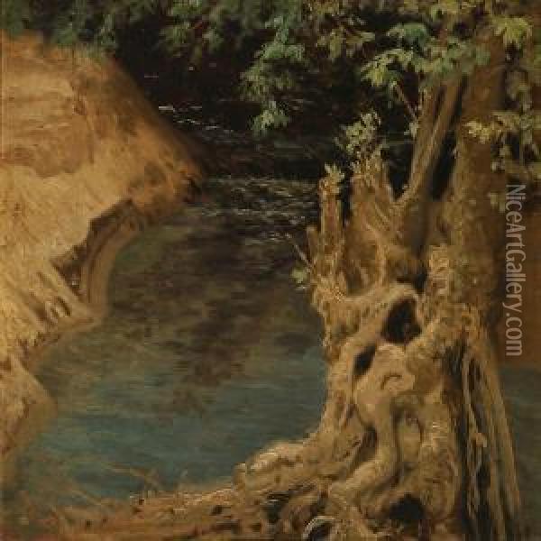 River Bank With A Gnarled Tree At Dust Oil Painting - Thorvald Simeon Niss