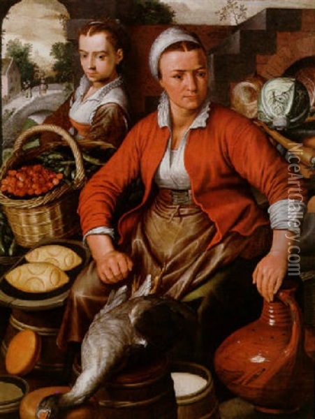 A Young Woman And A Girl With Poultry, Fruit And Vegetables Oil Painting - Joachim Beuckelaer