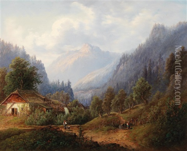 Mountain Landscape With Decorative Figures Oil Painting - Emil Barbarini