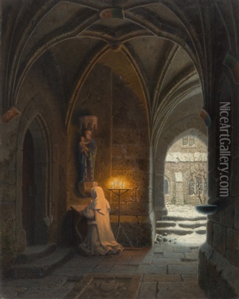 Winterliche Andacht In Einem Gotischen Kreuzgang Oil Painting - Karl Sturtzkopf