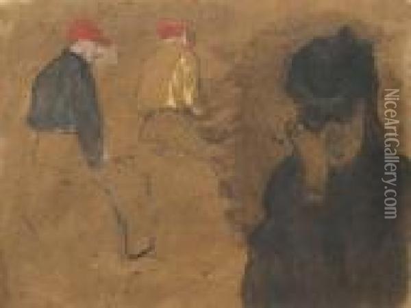 Deux Jockeys - Femme A La Lorgnette Oil Painting - Edgar Degas