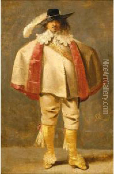 Portrait Of A Cavalier, Full Length, Wearing Cream With Yellow Stockings And Shoes Oil Painting - Pieter Jansz. Quast