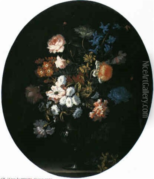 Ein Blumenstrauss In Einer Glasvase Oil Painting - Jean-Baptiste Monnoyer