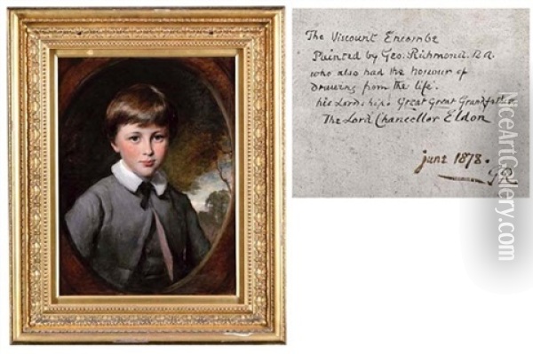 Portrait Of John Scott, Viscount Encombe, As A Boy, In A Grey Coat With White Collar Oil Painting - George Richmond