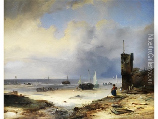 Niederlandischer Strand Mit Fischerbooten Und Einer Leuchtturmmauer Oil Painting - Albrecht Michael Jacob Jacobs