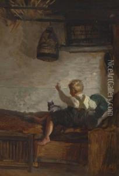 Junge Mit Katzchen Oil Painting - Felix Schlesinger