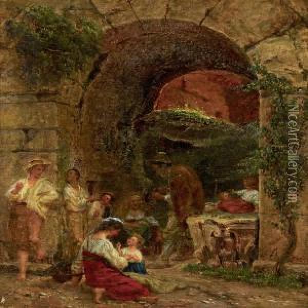 Scenerywith Persons Under A Brigde Oil Painting - Thorald Laessoe