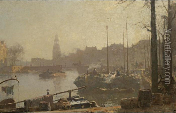 Amsterdam With The Montelbaanstoren In The Distance Oil Painting - Cornelis Vreedenburgh