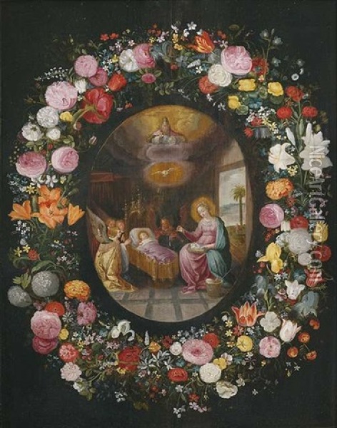 Anbetung Des Schlafenden Christusknaben, Gerahmt Von Einer Blumengirlande Oil Painting - Andries Daniels