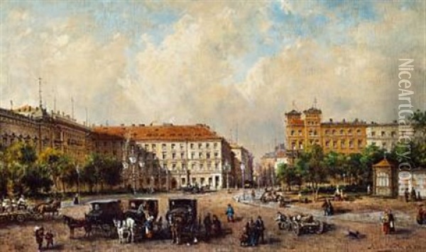 Summer Day In An European City With Horse Carriages And Street Life (vienna, Austria?) Oil Painting - Adelbert Wolfl