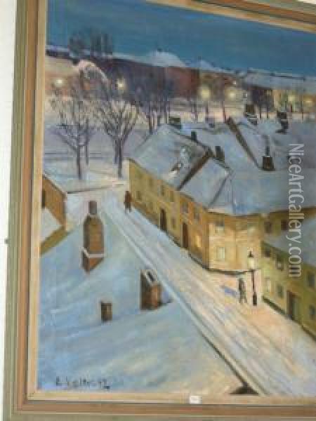 Stadsmotiv I Vinterskrud Oil Painting - Frederick E. Valter