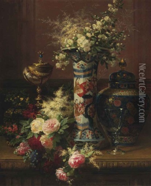 Roses, Peonies And Forget-me-nots In A Japanese Vase Oil Painting - Jean-Baptiste Robie