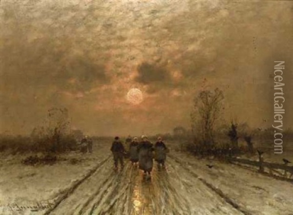 Winterlandschaft Im Abendlicht Mit Heimkehrenden Bauern Oil Painting - Johann Jungblut