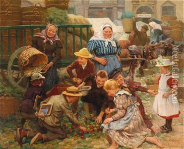 A Busy Market Oil Painting - Fritz Schnitzler