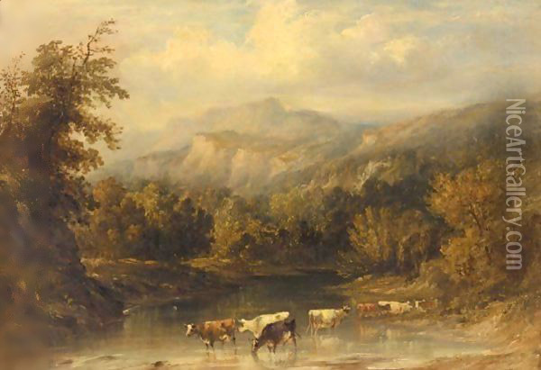 Cows Watering Oil Painting - Anthony Vandyke Copley Fielding