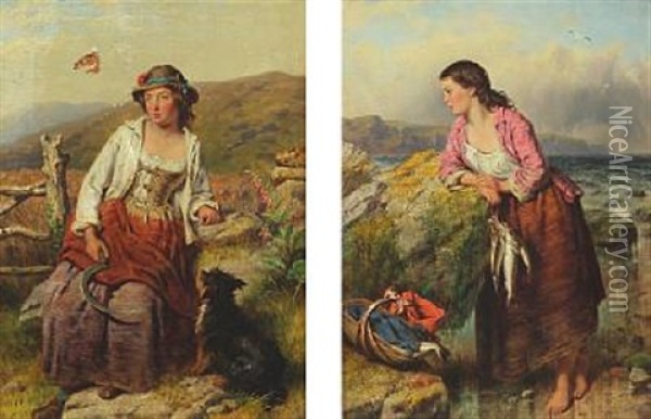 Farm Girl (+ Fisher Girl; Pair) Oil Painting - Isaac Henzell