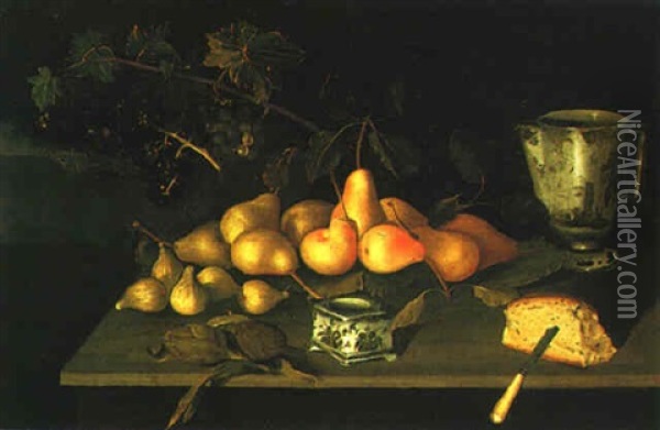 Still Life Of Pears And Other Fruits, Bread, Knife, A Porcelain Jug And Salt Cellar Oil Painting - Juan Van Der Hamen Y Leon