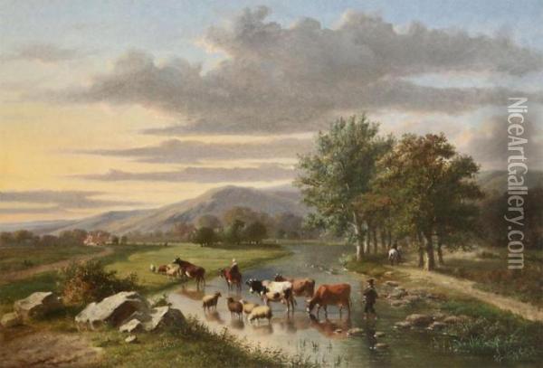 Shepherd With Cattle At Dusk Oil Painting - Eugene Verboeckhoven