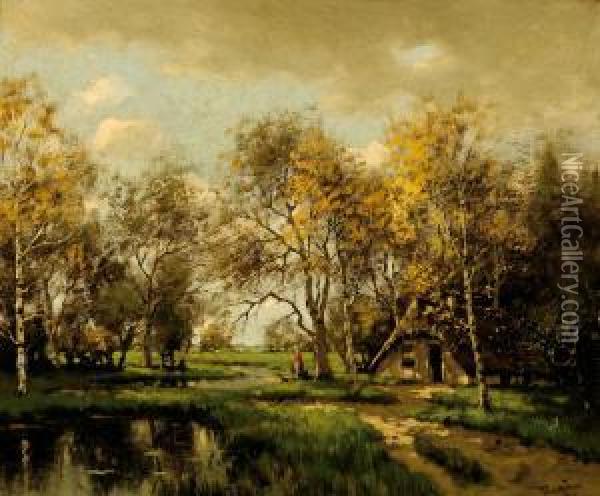 Farm Amongst Trees And A Road Along A Brook Oil Painting - Tinus De Jong