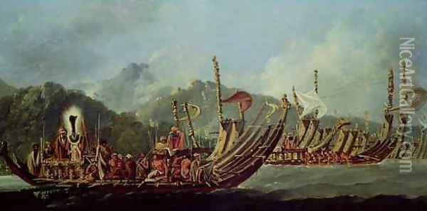 Tahitian War Canoes In 1774 James Cook Witnessed a Review of the Fleet Consisting of 160 Big War Canoes and 160 Smaller Boats the Latter Pressed into War Service Oil Painting - William Hodges