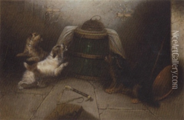 Terriers At A Rabbit Hole Oil Painting - Edward Armfield